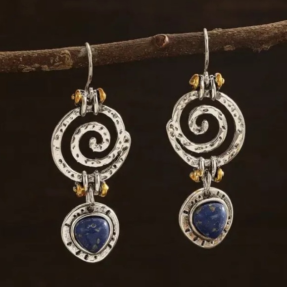 Jewelry - Southwestern Mixed Metal Faux Blue Lapis Lazuli, Bohemian Earrings